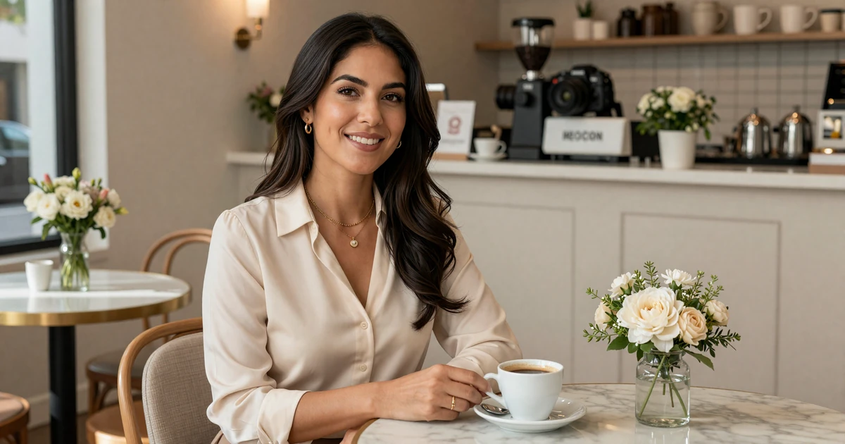 Verified single woman dermatologist on Doctor Singles Network at a sunlit Los Angeles cafe
