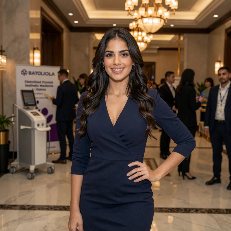 Female plastic surgeon at an international aesthetic medicine conference