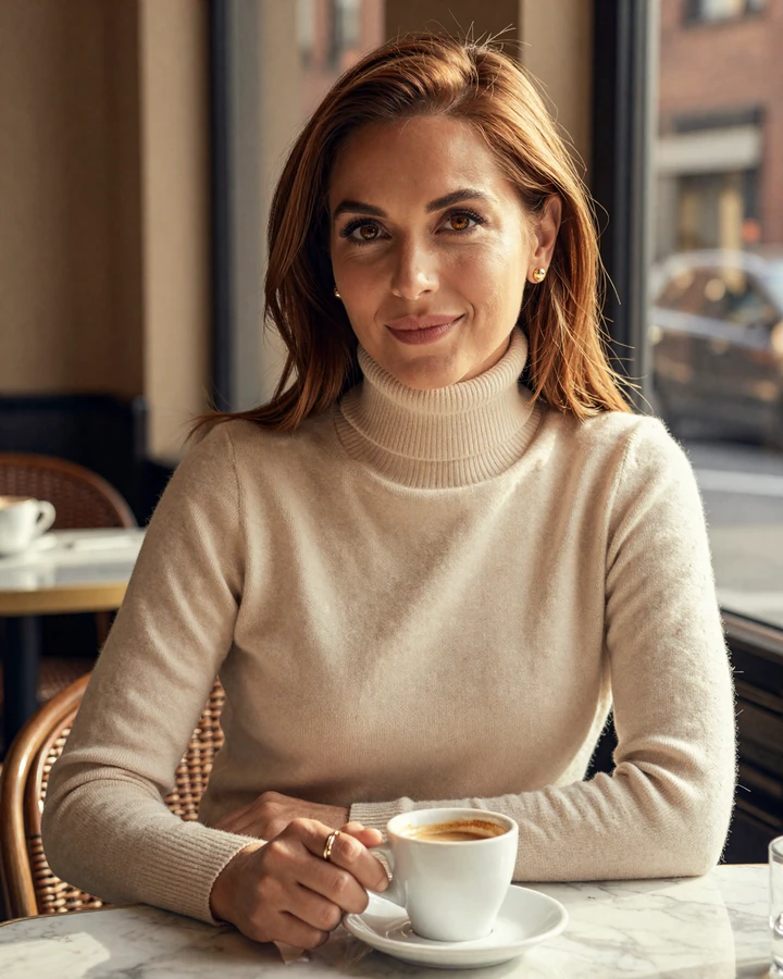 Verified single woman plastic surgeon on Doctor Singles Network in a sunlit Manhattan cafe