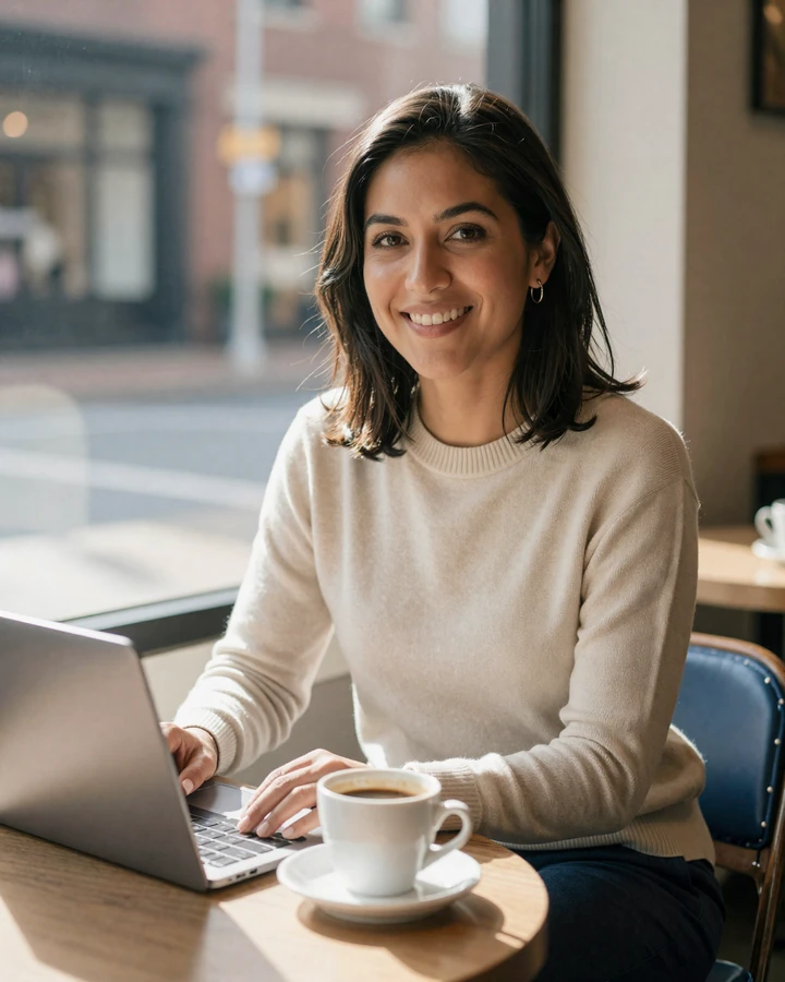 Verified woman physician on Doctor Singles Network sitting in a Boston cafe