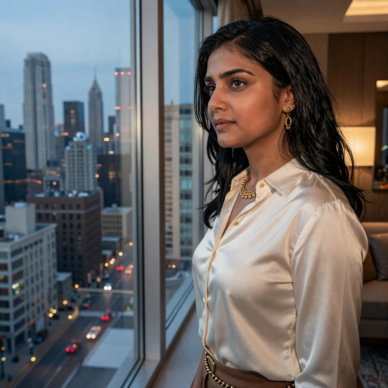 Plastic surgeon at home in a modern Chicago high-rise apartment at dusk