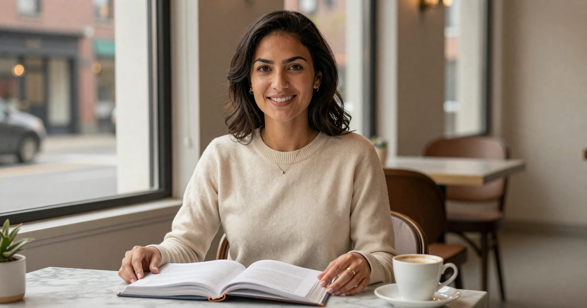 Verified single woman neurologist on Doctor Singles Network reading a neuroscience journal at a Boston cafe